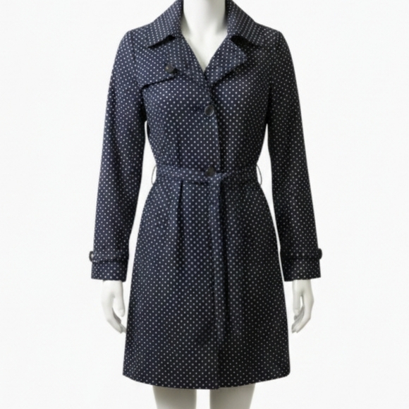 London Fog Jackets & Blazers - London Fog Vintage Women's Blue Navy Polka Dot Print Trench Peacoat Size XS